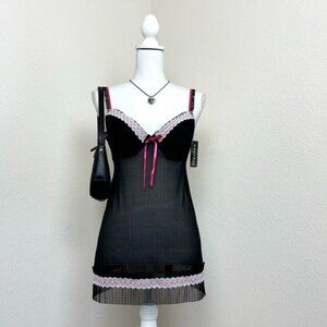 Vintage 2000s Rampage black sheer mesh pleated trim lingerie dress